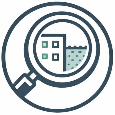 Environmental inspection with magnifying glass and building analysis.