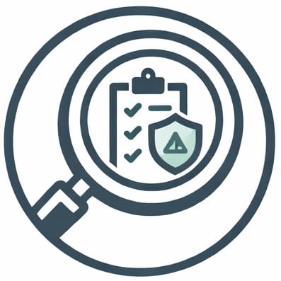 Environmental inspection magnifying glass with checklist and shield icon, emphasizing safety and compliance.