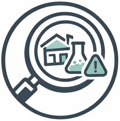 Environmental inspection with house and chemical warning icon, contamination assessment.