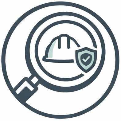 Emergency environmental inspection with safety helmet and shield icon.